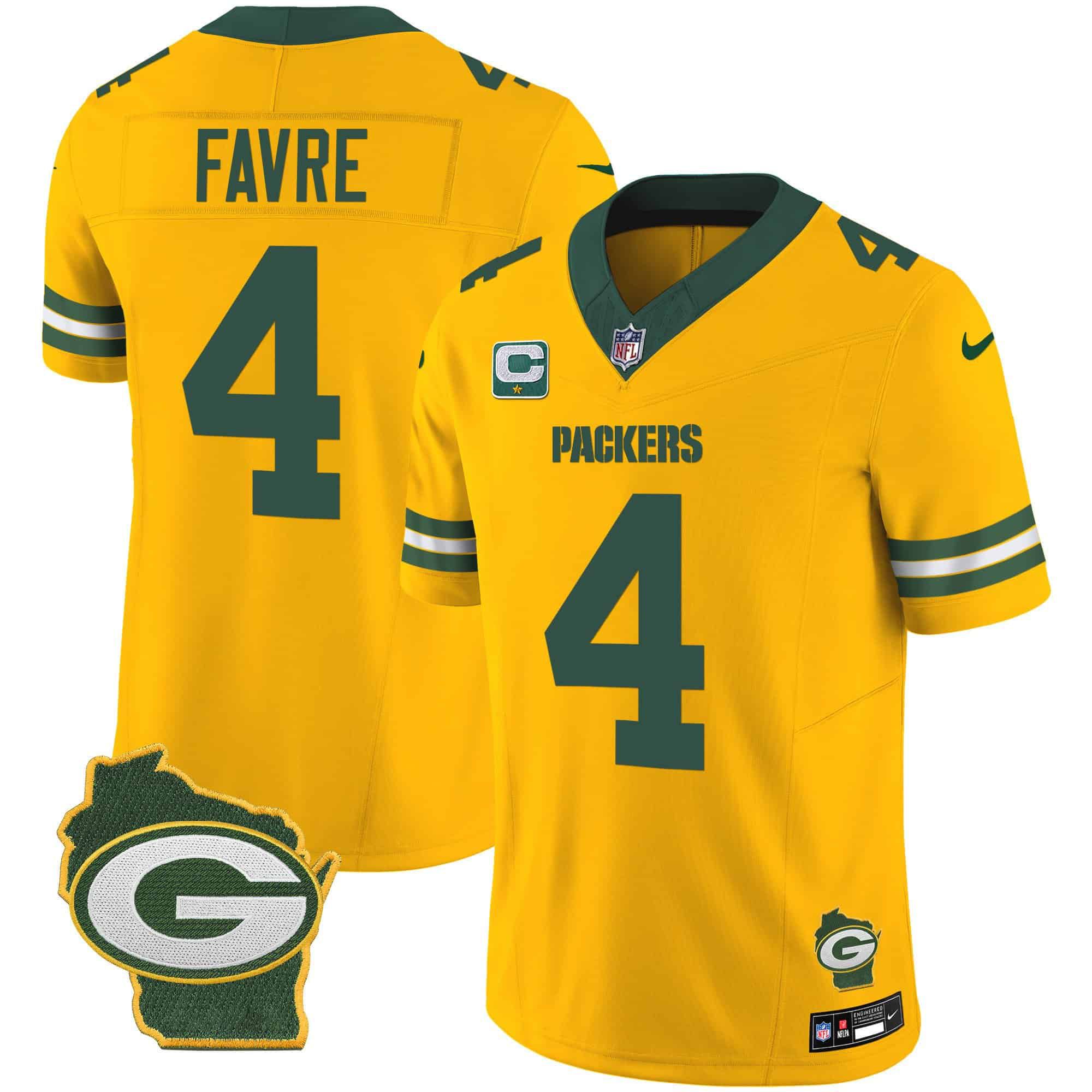 Men Green Bay Packers #4 Favre Yellow 2024 Nike Home Patch Vapor NFL Jersey